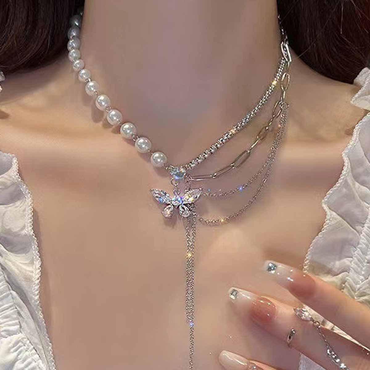Butterfly Tassel Zirconia Pearl Necklace - Elegant Clavicle Chain with Light Luxury Design for Women серебряный