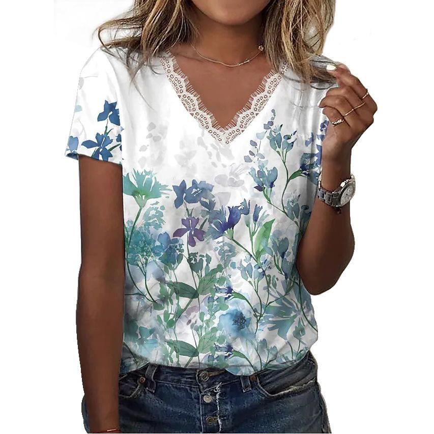 Women's Lace Floral Printed T Shirt V-Neck Short Sleeve Casual Shirts Loose Fashion Blouses Plus Size