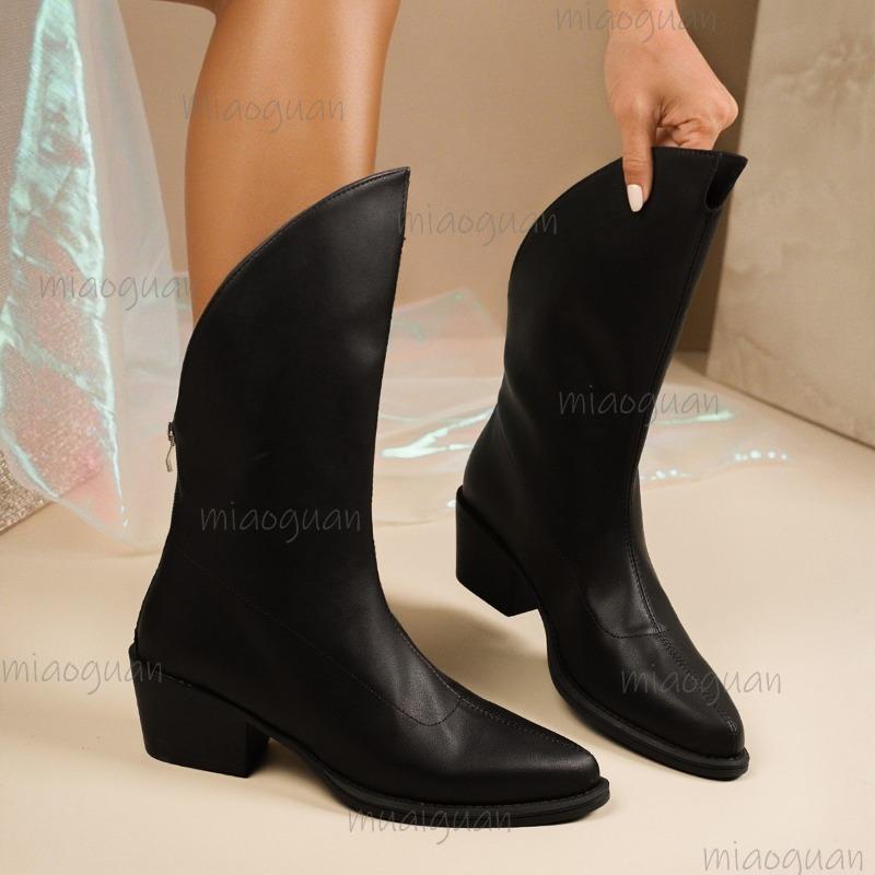 Fashion British Style Embroidered Solid Black Mid Heel Knight Boots 2025 Autumn New Pointed Back Zipper Western Mid-Calf Boots for Women