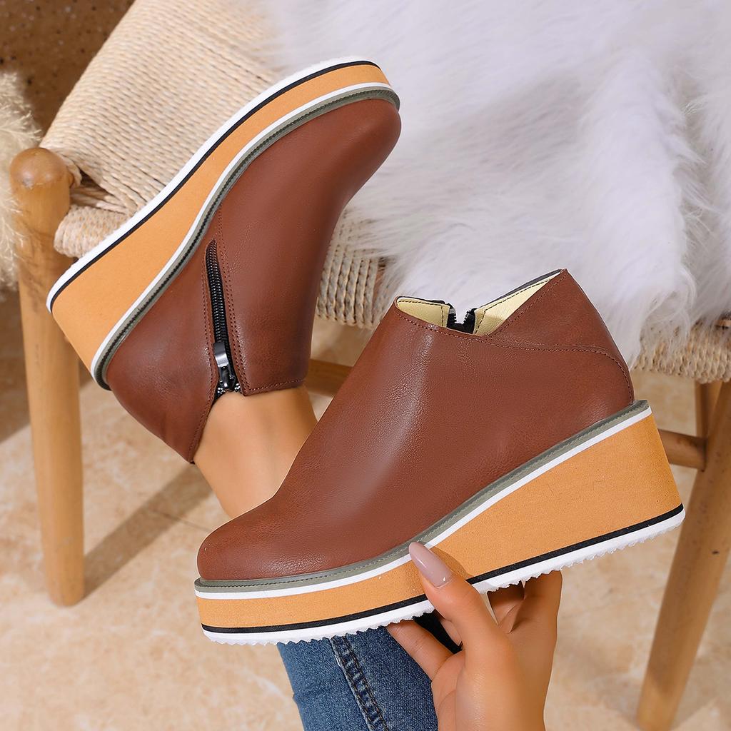 Wedges Women's Boots Retro Female Ankle Boots Trend Round Toe Platform Booties Comfortable Zipper Leather Shoes for Women Heeled