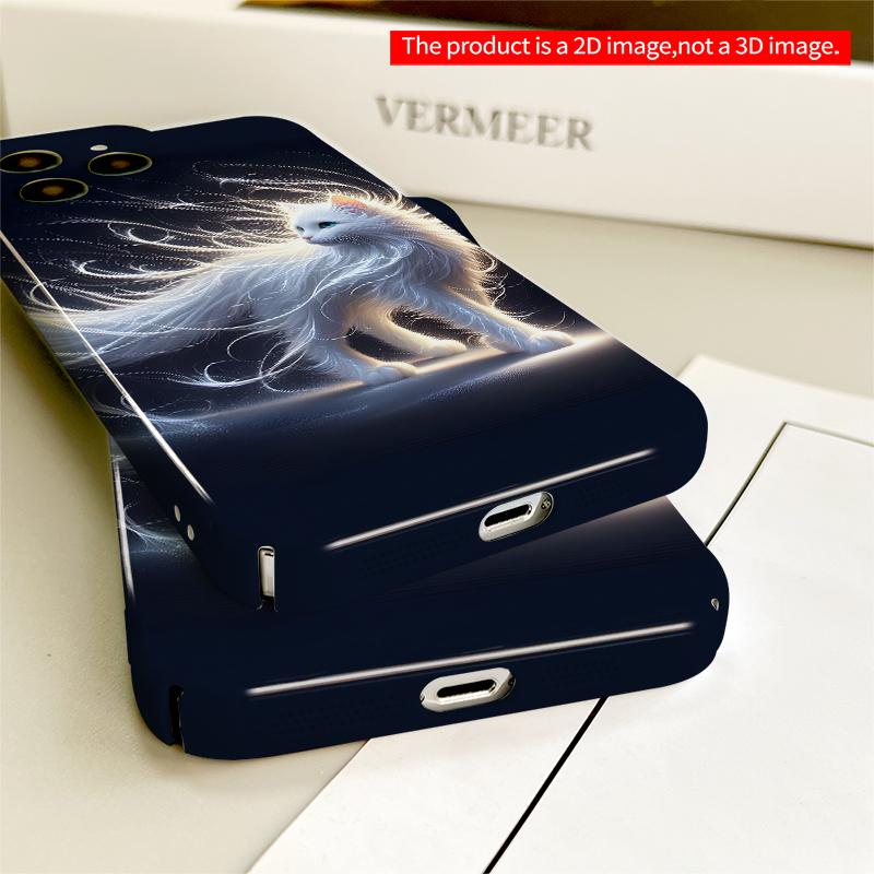 2DFlat Luminous White Cat In Cosmic Wind All Inclusive Film Hard iPhone Case, Compatible with iPhone 18 Pro Max 17 16 15 14 13 12 11