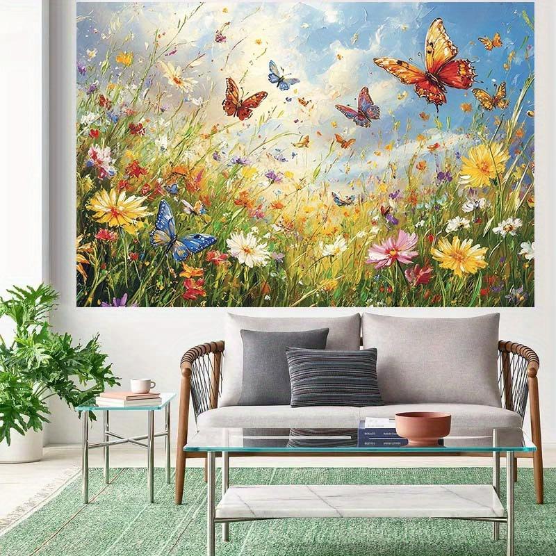 1. Vivid butterfly and wildflower grassland background  rich natural scenery of blue sky and white clouds