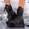 Gothic Platform Wedge Boots Women's Autumn Winter Spiderweb Design Size 35-43 Chunky Heel Ankle Boots for Women Leather Black