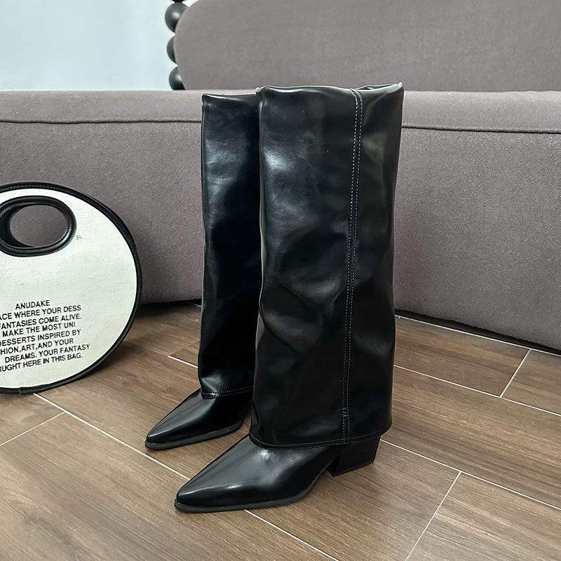 Autumn and Winter Boots But Knee High Boots High Heel Thick Heel Pointed Trousers Boots Retro Western Boots Cowboy Knight Boots