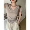 V-neck front shoulder short-sleeved T-shirt women's summer 2025 new slim-fitting and thin pleated solid color versatile short top