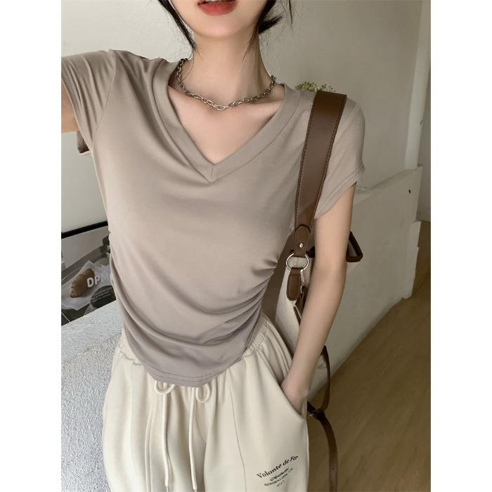 V-neck front shoulder short-sleeved T-shirt women's summer 2025 new slim-fitting and thin pleated solid color versatile short top