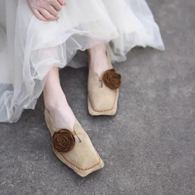 Damskor Ballerinaskor Blomsterdekorationsdesign Damskor Mode Fyrkantig Tå Låg Klack Enkel Sko Mocka Casual Loafers Zapatos Mujer