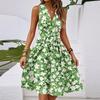 Women's Spring And Summer Casual V-Neck Sleeveless Waist Floral Print Midi Dress