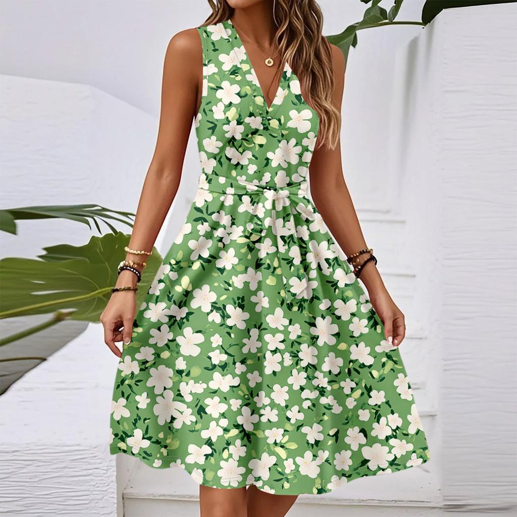 Women's Spring And Summer Casual V-Neck Sleeveless Waist Floral Print Midi Dress