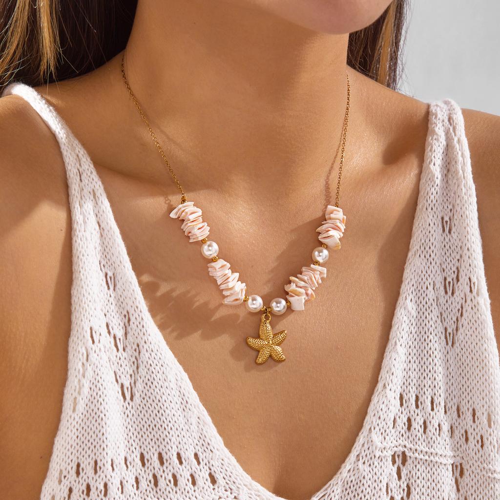Bohemian Summer Double Layered Necklace for Women Blue Irregular Stone Beaded Starfish Pendant Choker Vacation Jewelry Gifts