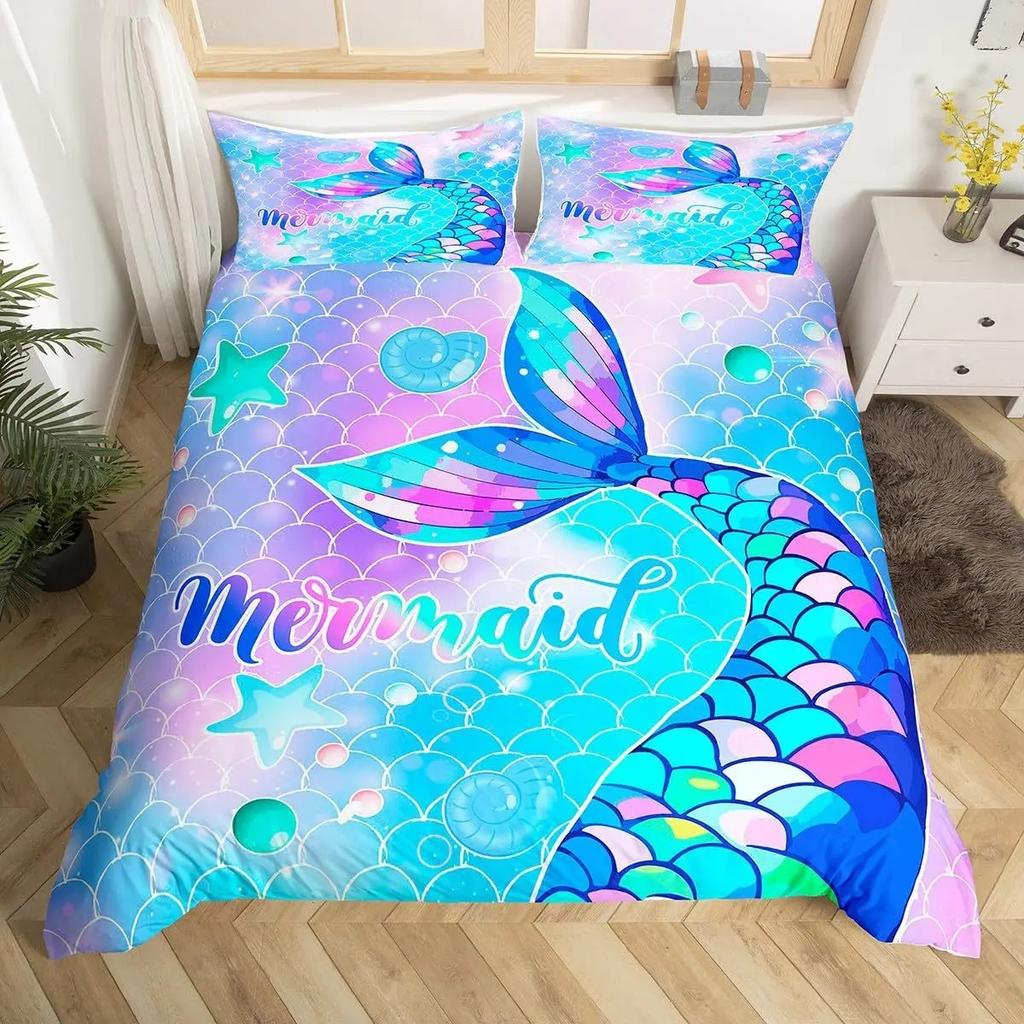 Mermaid Tail Duvet Cover Set, Colorful Scales Ocean Print Bedding, 3D Soft Microfiber Quilt Cover With Pillowcases