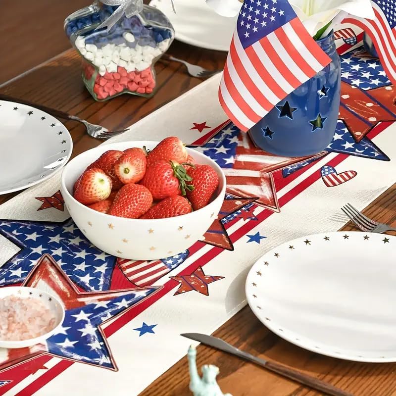 Independence Day Heart Star Table Runner 13x60 Inch , Linen 4th of July Patriotic Red and Blue Table Runners for Table Dinning Kitchen Party Holiday