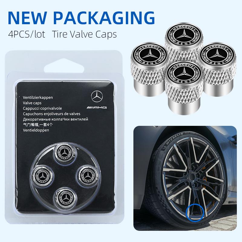 4pcs Car Wheel Tire Valve Stems Caps Aluminum Tyre Rim Stem Covers Airdust Waterproof for Mercedes Benz C180 C200 C260 C300 SR9