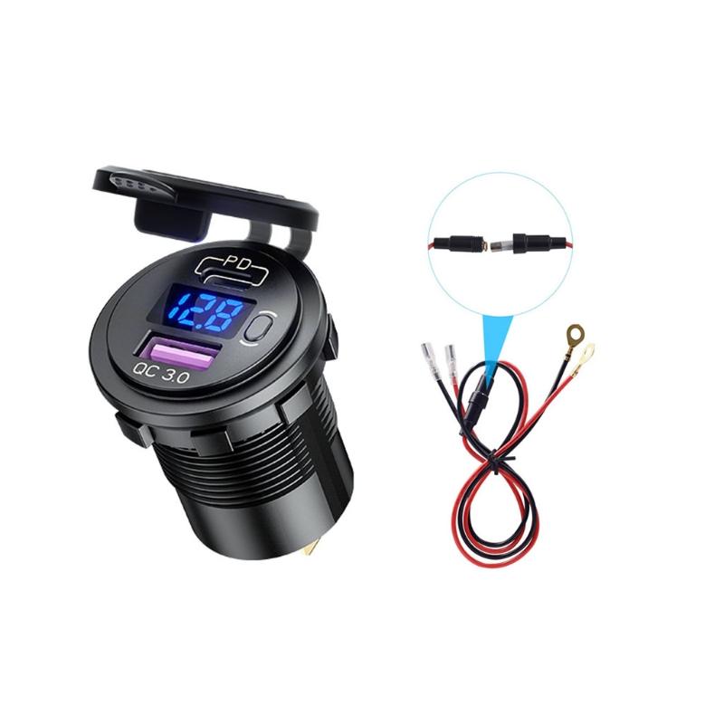 

Тип C PD QC3.0 USB 12V Автомобільний зарядний пристрій швидкого автомобіля з вольтметром вимикання вимикача синій