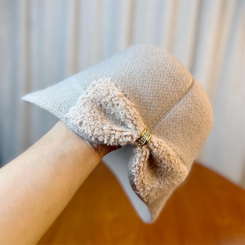 Women's Autumn and Winter Fashionable Warm Bowknot Fisherman Hat, Internet Celebrity Bucket Hat, Korean Style Versatile Knitted Hat