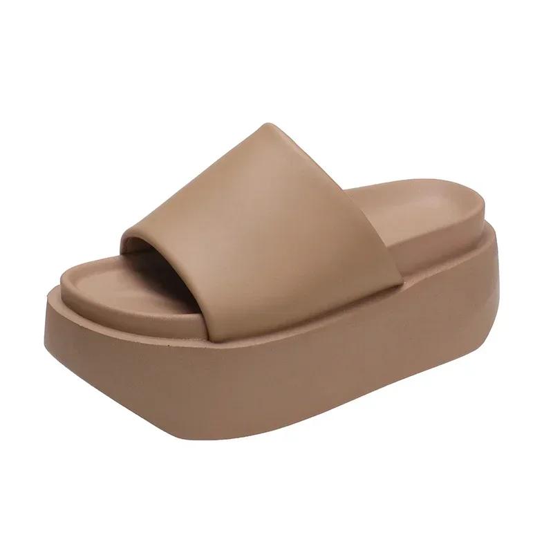 Klapki Damskie Letnie Damskie Klapki Plażowe Sandały Zewnętrzne Grube Skórzane Buty Damskie Obcasy Platformy Wysokie Klapki