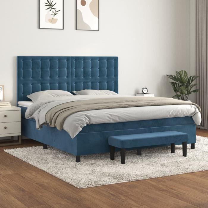 3138101 vidaXL Lit à sommier tapissier et matelas Bleu foncé 180x200cm Velours
