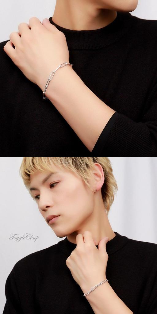 [Shinjuku Gin no Kura] 925 Sterling Silver Long Azuki Chain Bracelet with Mantle and T-Bar, 19cm, Simple Azuki Toggle Clasp