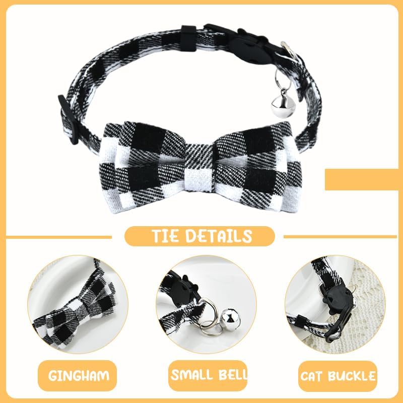Dog Cat Collar Bowtie Breakaway Adjustable Cat Collar with Bow Tie for Cat Black and White Bow Tie Collar for Cats Dog with Bell Collar for Small