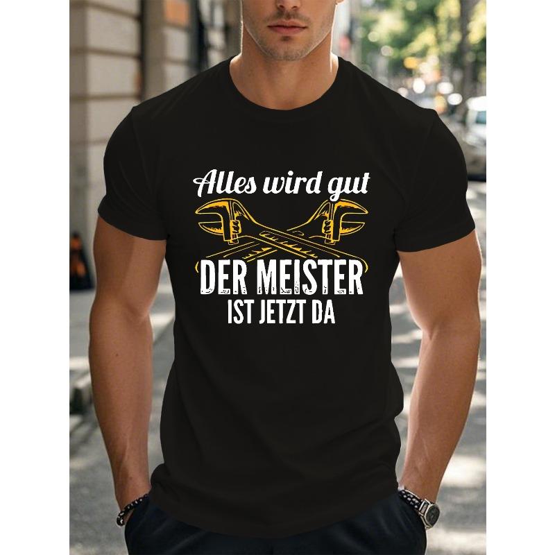 European Sizes Men's Short Sleeve T-Shirt - Black Geometric Graphic Print with German Text & Wrench Design, Casual Round Neck Summer Top