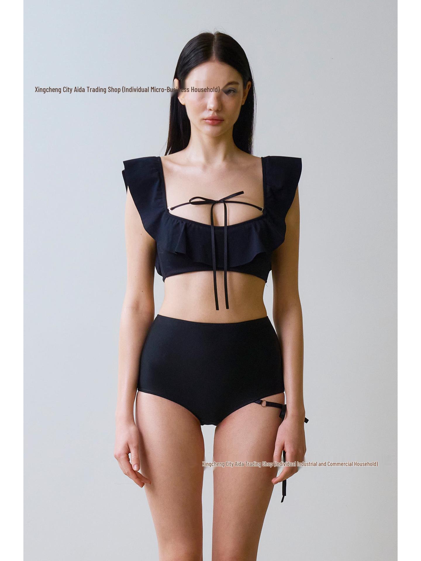 

Black Fungus Deep V Kelp Bikini: Sexy Gathered Chest, Low Waist Triangle Bandage L чорний