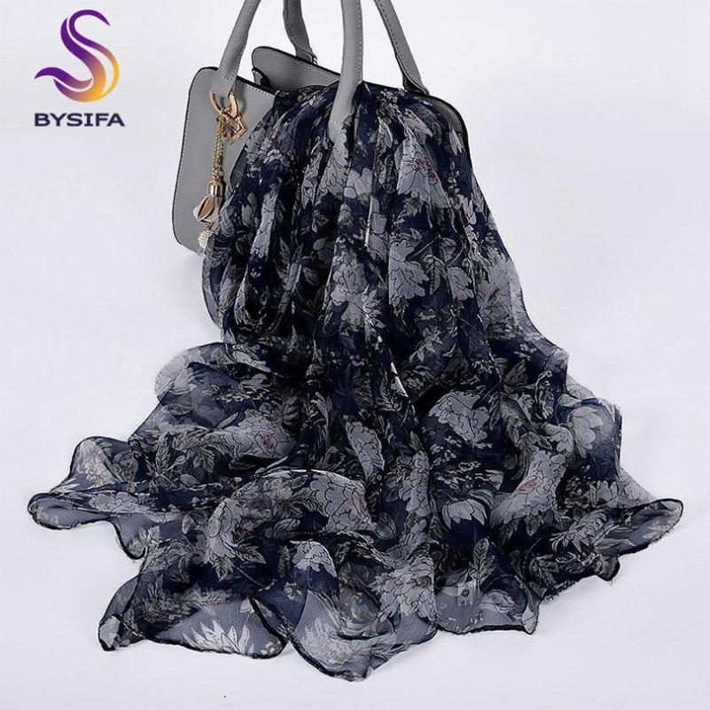 [BYSIFA] Ladies Silk Scarf Shawl New Long Scarves Fashion Brand Scarves Elegant Purple Blue Neck Scarf Beach Shawl Cover-ups