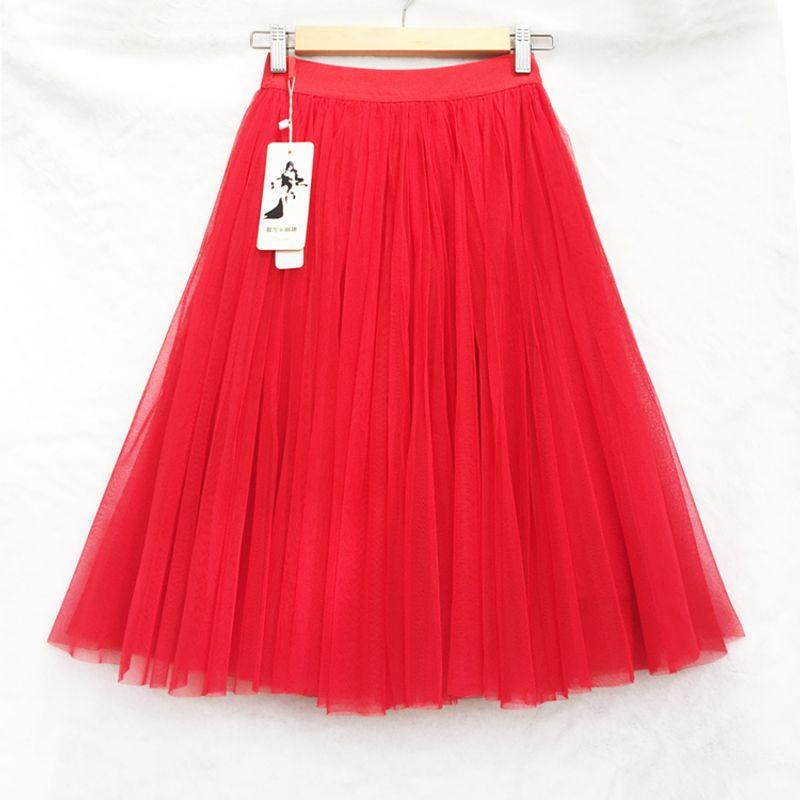 

High Quality European and American Autumn Summer Pink Bubble Skirt Red Elastic waist, skirt length 50CM (about knee)