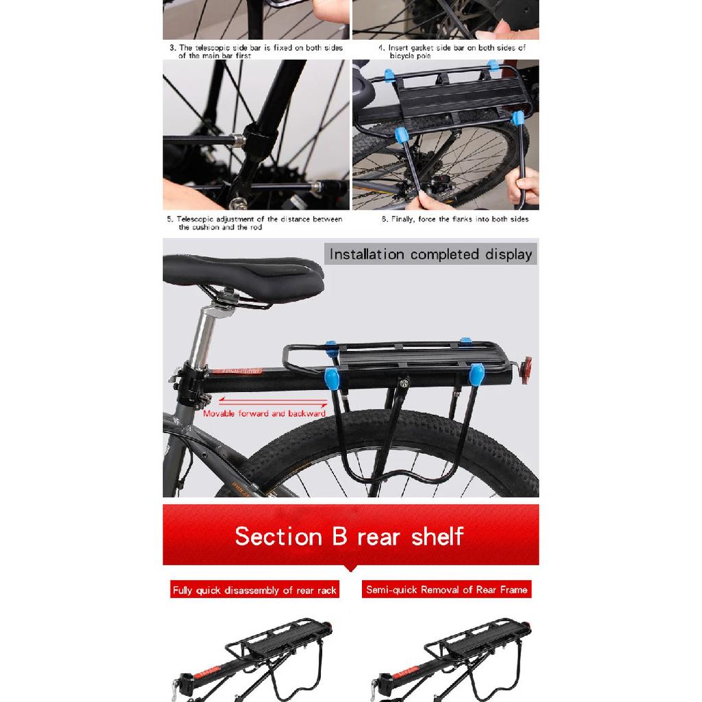 Rear Bike Rack Aluminum Alloy Adjustable Cargo Carrier for 26-29 Inch Mountain Road Bike Cycling Luggage Carrier with Reflector