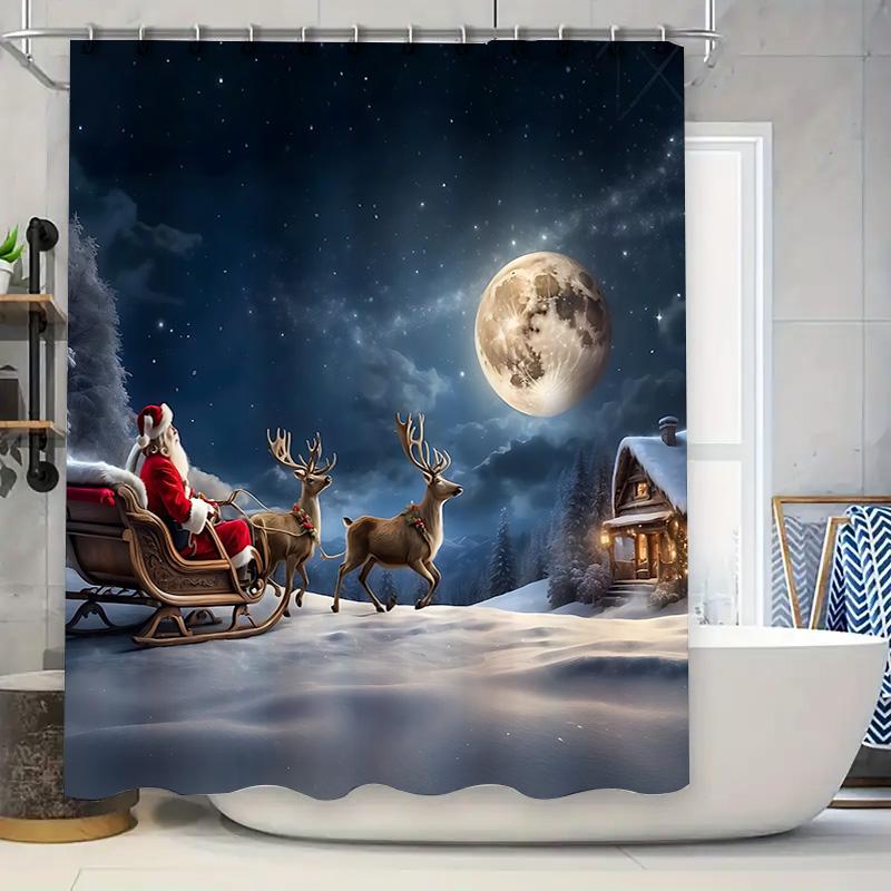 

Santa Claus Rides Reindeer Sleigh In Snowy Moonlit Night For Christmas Celebration Shower Curtain For Stylish Home Upgrade W60H190(CM)-1 Pcs
