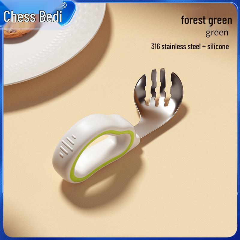 Infant Training Silicone Spoon & Fork Set - Stainless Steel, Short Handle, Bent Head for Learning To Eat