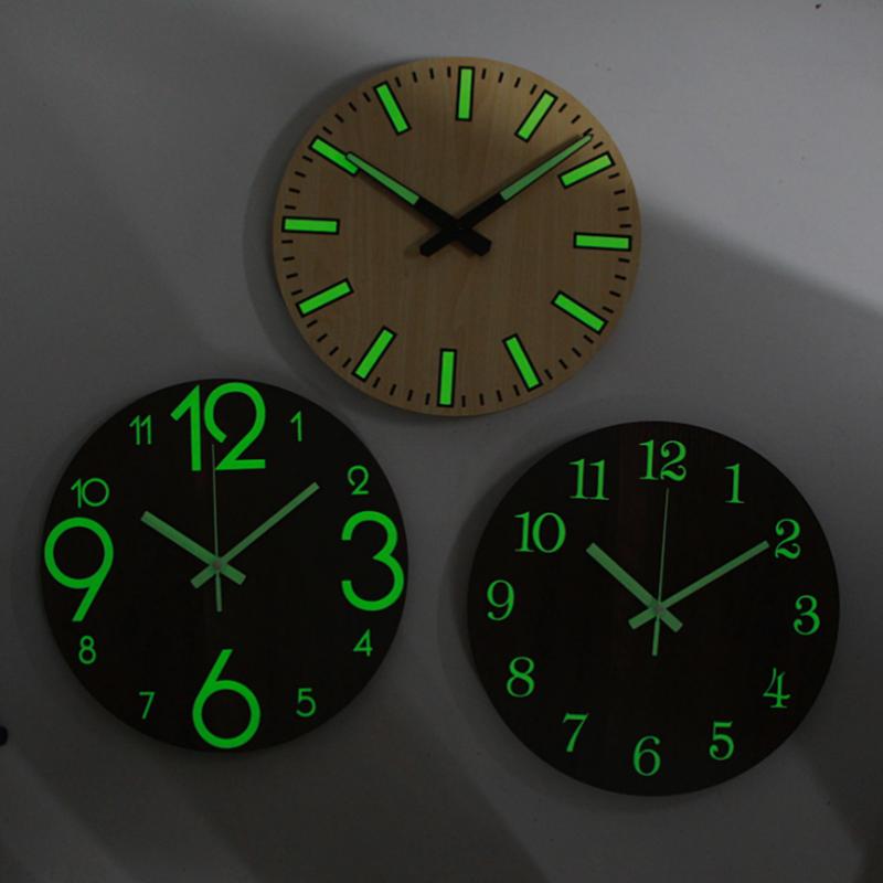 Round Luminous Wall Clock Glow In Dark Wooden Silent NonTicking Modern Style for Bedroom Decor