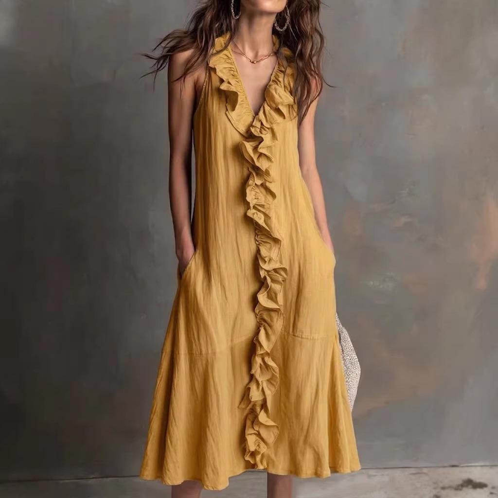 Women's Spring Summer Cotton Linen Midi Dress Sleeveless V Neck Ruffle Trim Loose A-Line Big Swing Casual Dress with Pockets for Vacation Daily Wear