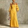 European and American One-word Shoulder Long Women's Dress, Bubble Sleeves, Waist and Thin Temperament Long Holiday Dress