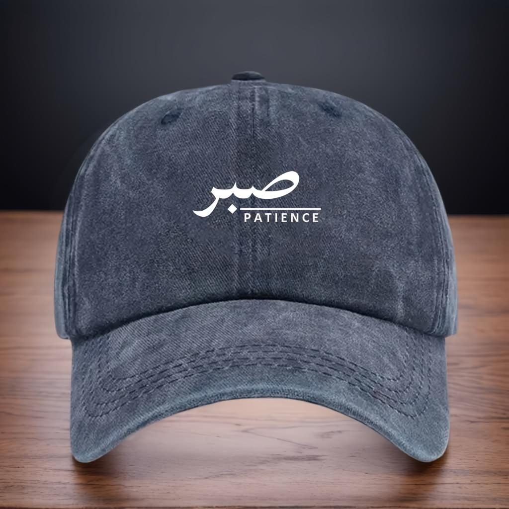 

Printed Pattern Baseball Cap Letters PATIENCE Peaked Cap Washed and Aged Curved Brim Hat Adjustable темно-синього кольору
