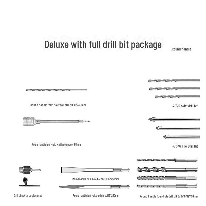 Taladro Percutor Eléctrico y Juego de Brocas: Giro, Triángulo, Abridor de Agujeros de Pared (Mango Cuadrado/Redondo)