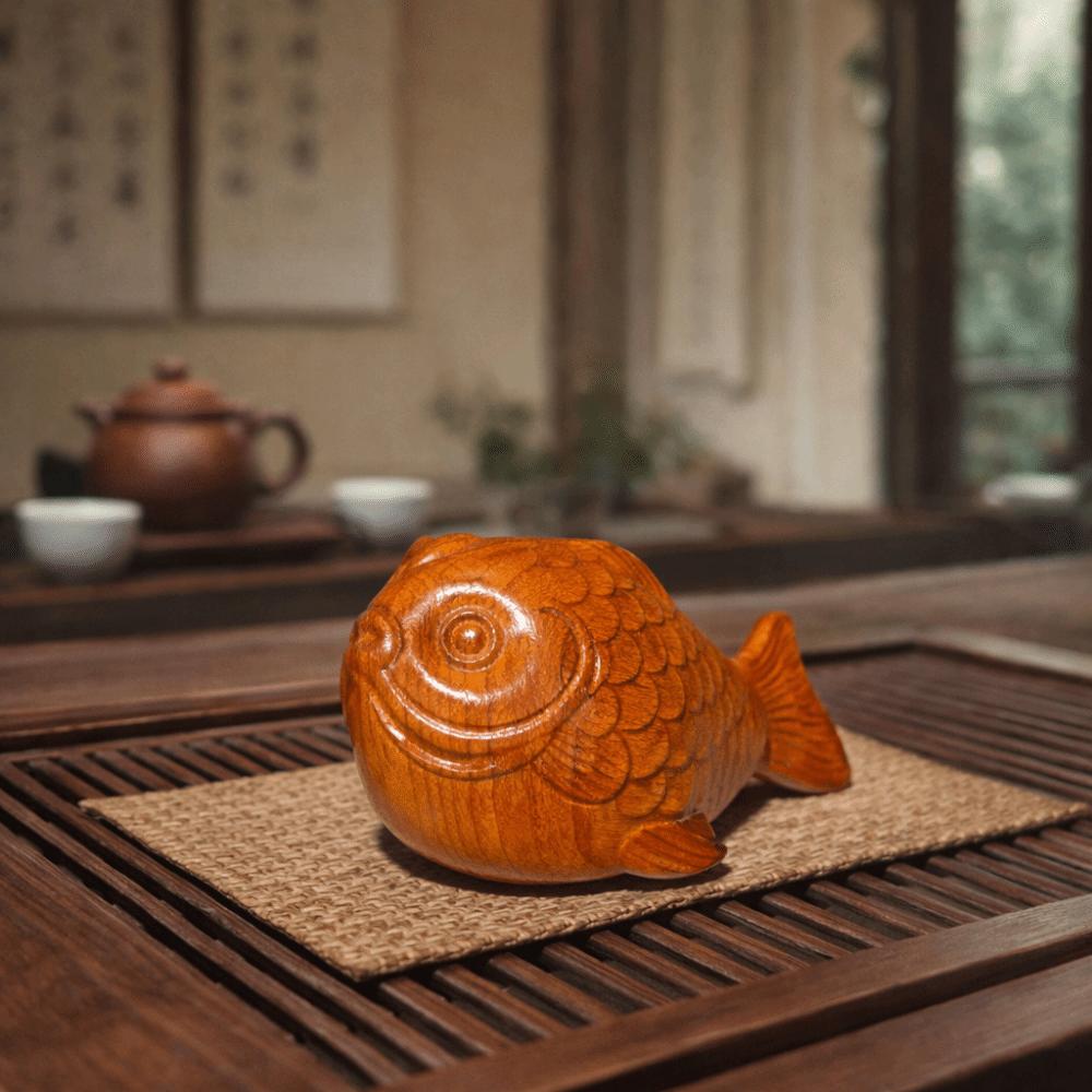 Lucky Charm Wood Carving Ornament Mini Tea Pet Cute Koi Fish Ornament  Tabletop Display