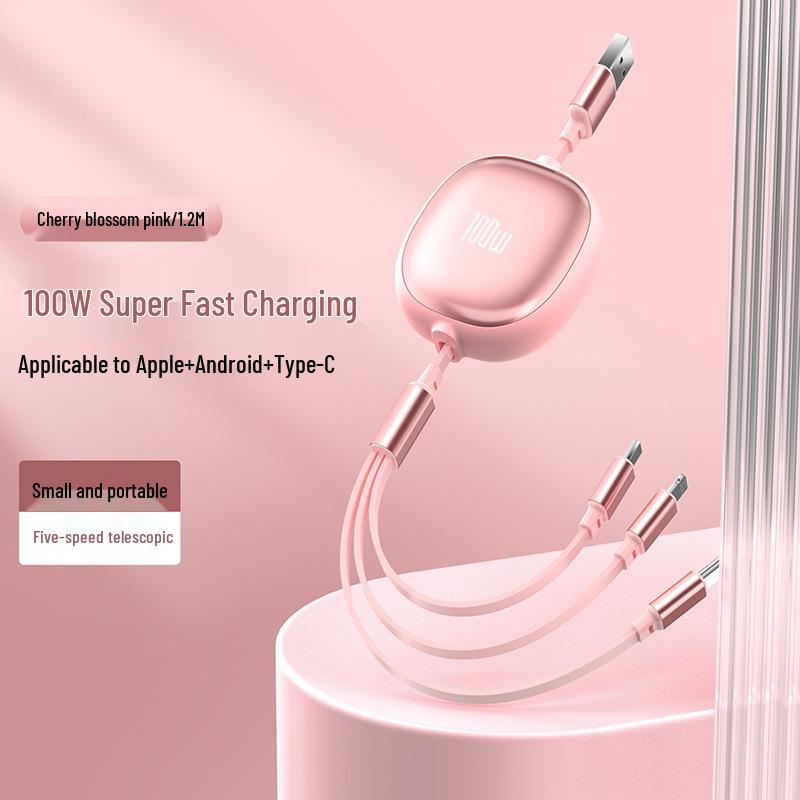 100W Retractable 3-in-1 Fast Charge & Data Cable for Apple, Huawei, Android – PD Charging Compatible.