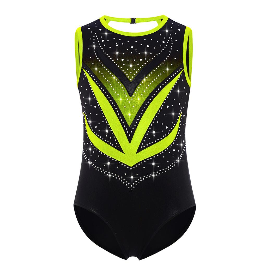 Girls Gymnastics Leotard Sleeveless Crisscross Cutout Back with Mesh Patchwork Shiny Rhinestones Bodysuit