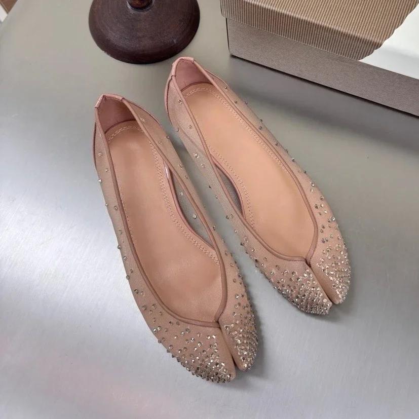Summer Handmade BlingBling Crystal Splite-Toe Woman Flats Ballet Dance Shoes Mary Janes Mules Girls Tabi Mesh Breathable Loafers