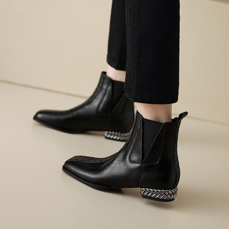 Fashion NEW Autumn/Winter Women Boots Square Toe Chunky Heel Shoes Split Leather Shoes for Women Slip-on Ankle Boots Black Modern Boots
