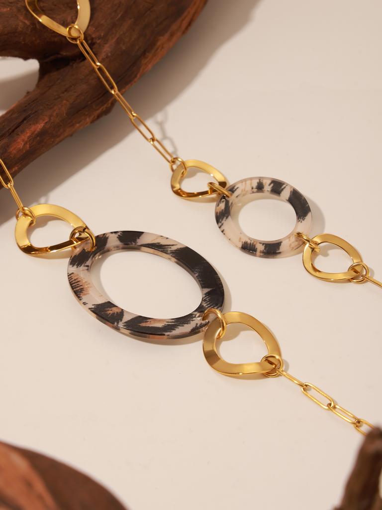 Long Necklace In Stainless Steel With Round Leopard Print Acrylic 18k Gold Plated 80cm/31.5in Sweater Chains Necklaces For Women