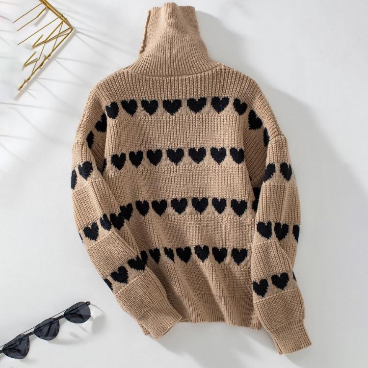 Vintage Strickjacke mit Herzmuster, lockerer Strick, Stehkragenpullover, langärmeliges Oberteil für Herbst und Winter