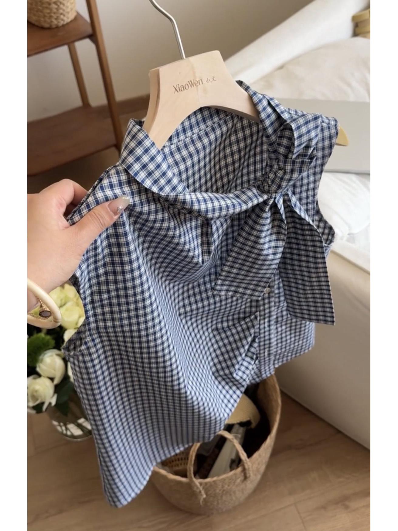 

French Bow Tie Sleeveless Plaid Women s Blouse - Chic Summer 2025 Top
