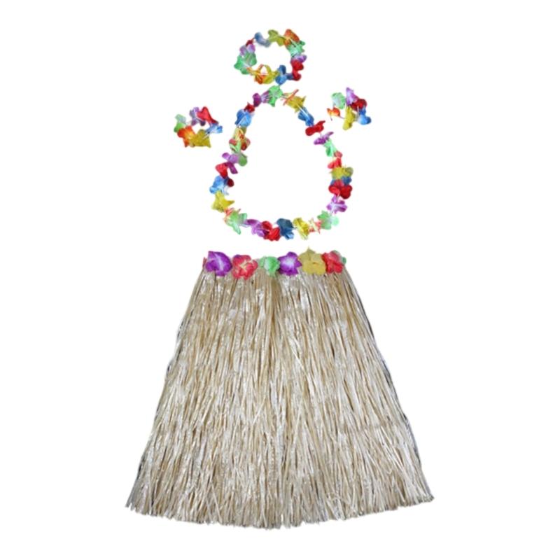 Hawaiian Hulas Grass Skirt with Flower Costume Outfits Set Necklace Headband Bracelet for Luaus Tropical Beach Party Decor