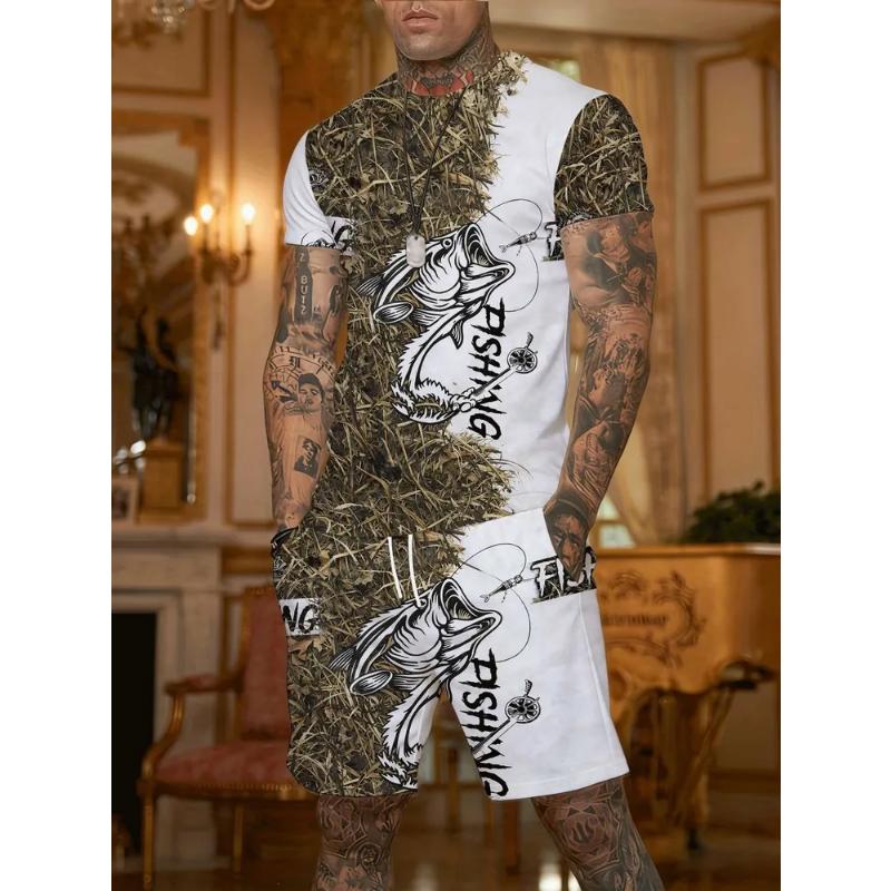 Fashion Men's Casual Suit 3D Casual Color Printing Summer T-shirt Shorts Simple