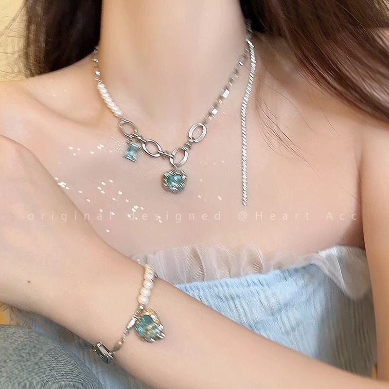 Mint sea blue love zircon necklace female design sense niche ins versatile pure desire wind senior collarbone chain female
