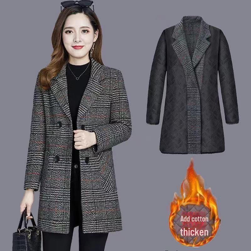 

Женское шерстяное пальто в клетку: Осень и зима, плотная, средней длины, идеально подходит для женщин 40+. 5XL 78-84 kg