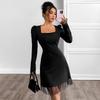 YYFS Women's Fashion Spring Fall Solid Color Print Long Sleeve Square Collar High Waist Casual Dresses