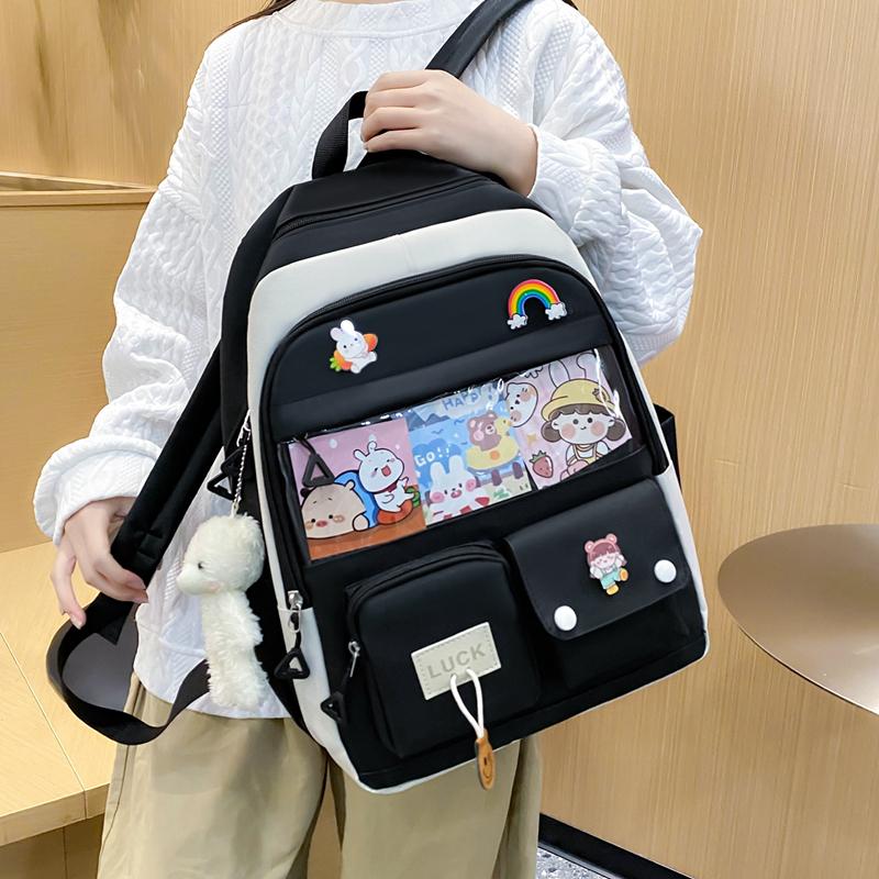 Five-Piece Backpack Set Women's Color Block Backpack Student Schoolbag Large Capacity Backpack