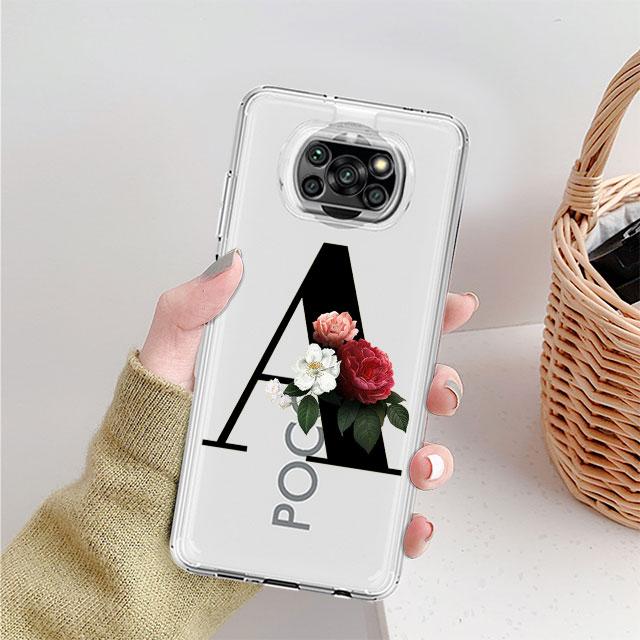 Transparente Hülle für Xiaomi Mi Poco X3 NFC M3 Pro F3 F1 11 Lite 12 Redmi Note 10 9S 8 7 9 Weiche Handyhülle Buchstaben DIY Blume